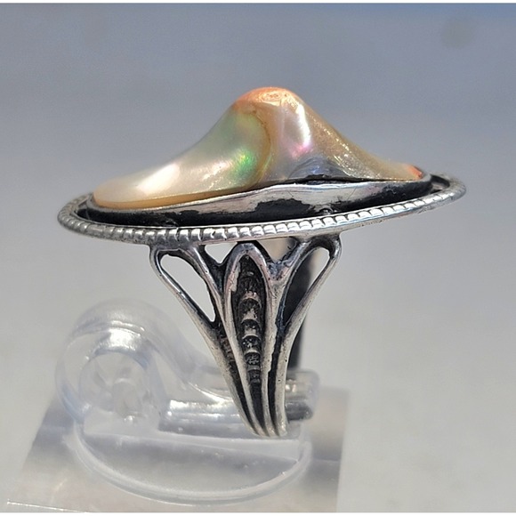 Antique Art Nouveau Sterling Silver Irridescent Abalone Blister Pearl Ring -Sz 3 - Picture 4 of 13